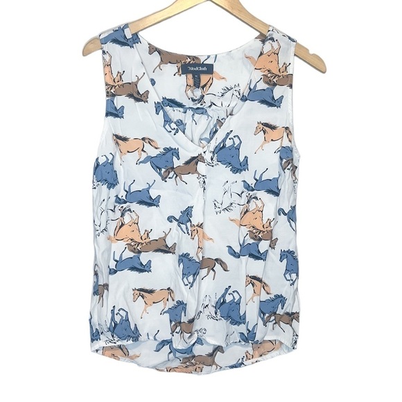 ModCloth Like the Wind Horse Print Tie Neck Sleevless Blouse Sz Medium - Picture 1 of 5